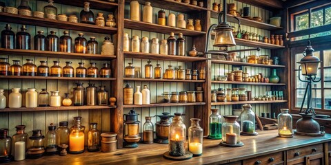 Monastery pharmacy interior with bottles, jars, scales, and a kerosene lamp on wooden shelves, monastery, pharmacy