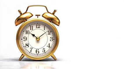 A classic gold alarm clock on a clean white background, symbolizing time management, punctuality, and daily routines.