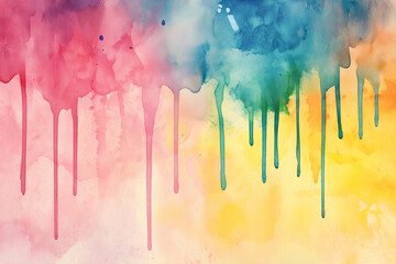 Fototapeta premium Watercolor Colorful Illustration Artwork Stain Drips. Rainbow colors of paint dripping on white background. Abstract watercolor flow down hand painted background