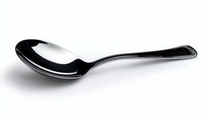 A sleek and shiny black spoon lying elegantly against a clean white background, ideal for culinary and kitchen-themed designs.