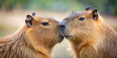 Fototapeta premium Affectionate capybaras hugging in a heartwarming embrace , cute, capybara, love, joy, affection, animals, wildlife, cuddle
