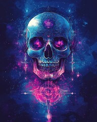 A vibrant, mystical skull design with cosmic colors and glowing eyes.