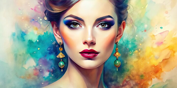 Vibrant watercolor depiction of a stylish woman's face with bold cat-eye makeup, statement earrings, and an elegant updo, set against a soft pastel background.