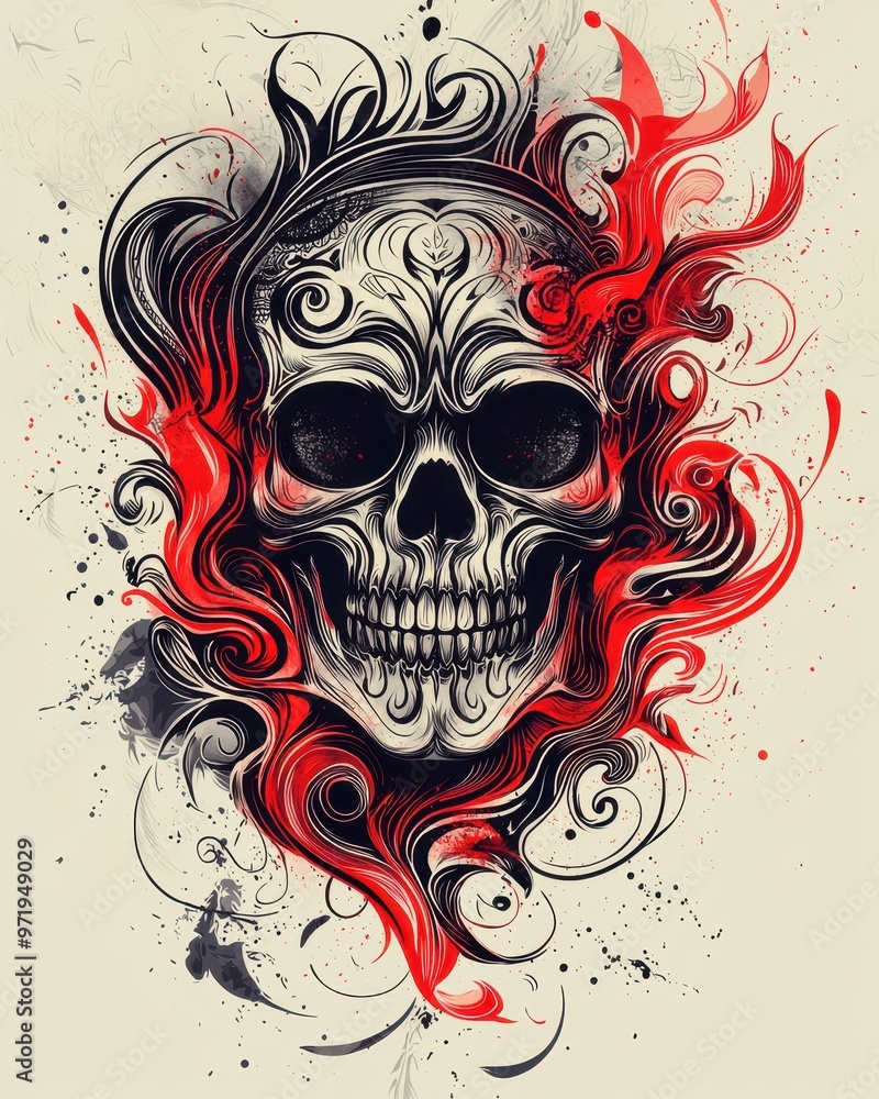 Poster intricate skull design with swirling flames and ornate patterns in black and red.