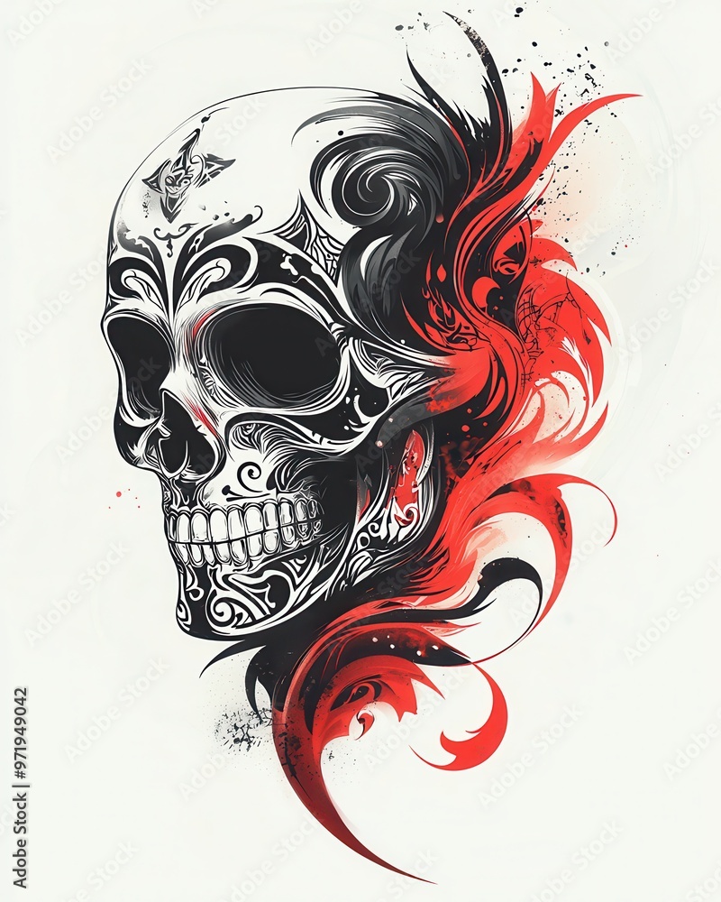 Poster intricate black and red skull design featuring swirling patterns and artistic flair.