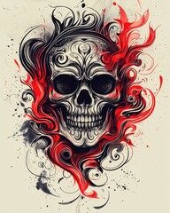 Intricate skull design with swirling flames and ornate patterns in black and red.