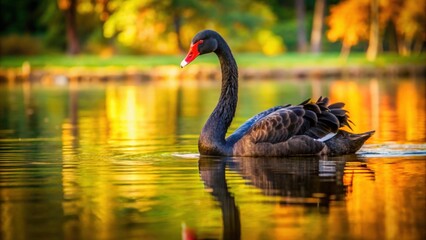 Obraz premium Elegant black swan swimming in a serene lake , graceful, bird, wildlife, nature, beautiful, feathers, water, reflection