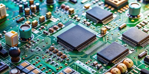 Close-up of electronic circuit board with various components, electronics, development, technology