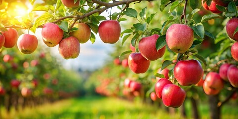 Obraz premium Ripe apples hanging from tree branches in a bountiful orchard , harvest, fresh, fruit, nature, farm, agriculture, tree, organic