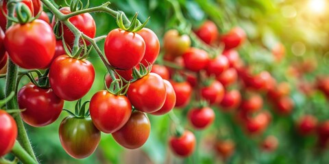Fototapeta premium Fresh ripe red tomatoes on a vine , organic, produce, agriculture, healthy, juicy, farm, harvest, ripe, vibrant, vegetables