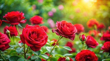 Obraz premium Vibrant red roses blooming in a lush garden, roses, red, vibrant, flowers, garden, blooming, petals, greenery, nature