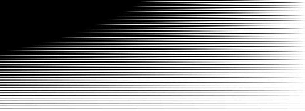 Horizontal thin line halftone gradation texture. Fade straight stripe gradient background. Black lines pattern backdrop. Vanishing parallel stripes wallpaper for overlay, print, cover. Vector