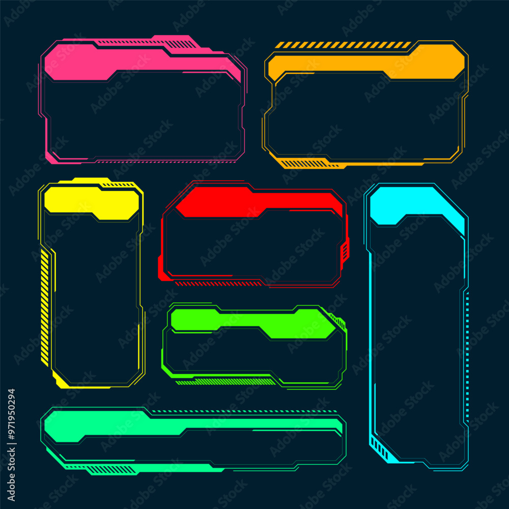 Poster Futuristic HUD or UI elements. Sci-fi user interface text boxes, callouts. Colorful warning message frame, information boxes template. Modern game interface layout, digital style. Vector illustration