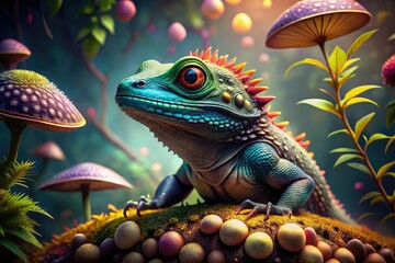 Obraz premium Vibrant, whimsical illustration of a lizard sitting on a mushroom, surrounded by lush greenery, with intricate scales and playful, expressive eyes in a fantasy setting.