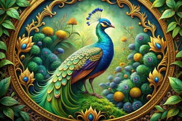 Vibrant, whimsical illustration of a majestic peacock perched on a ornate golden frame, surrounded by lush green foliage and delicate floral patterns.