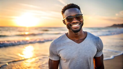 Happy Man on Beach at Sunset.