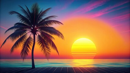 Naklejka premium 1980s retro style summer landscape with coconut tree and sun, retro, 1980s, style, summer, landscape, abstract