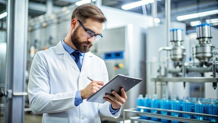 Quality control technician analyzing a digital checklist with product samples in the background, [quality control], [professional product testing]