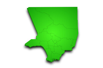 3d Map of Los Angeles County with regions and color. California, United State of America, US, United State