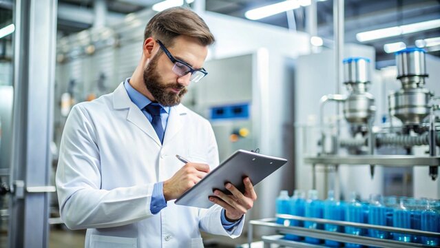 Quality control technician analyzing a digital checklist with product samples in the background, [quality control], [professional product testing]