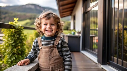 Fototapeta premium Happy little boy smiling on porch.