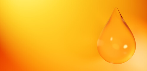 黄色とオレンジ色のグラデーション背景に透明な水滴。コピースペース。3d。（横長）