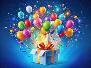 Vibrant, whimsical illustration of colorful balloons, confetti, and streamers bursting from a giant gift box against a bright blue background with scattered stars.