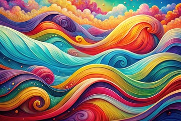 Fototapeta premium Vibrant, whimsical illustration of colorful waves flowing in synchronization, evoking a sense of freedom and joy, with bold lines and playful textural elements.