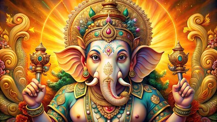Fototapeta premium Vibrant, whimsical illustration of revered Hindu deity Ganesh, depicted with four arms, wise eyes, and intricate details, set against a warm, golden background.