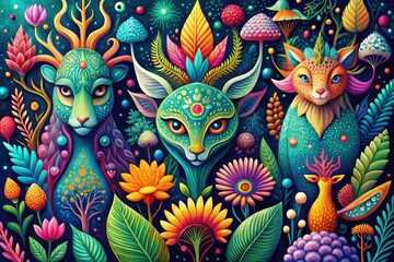 Fototapeta premium Vibrant, whimsical illustrations of fantastical creatures, botanicals, and abstract shapes, perfect for commercial use, offering a unique and royalty-free visual experience for creative projects.