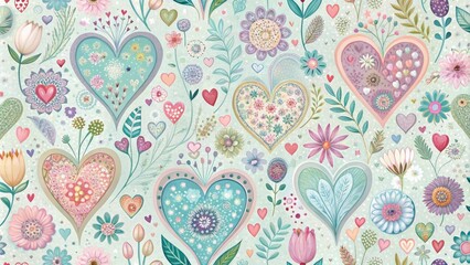 Naklejka premium Vibrant, whimsical wallpaper with heart-shaped design elements in pastel hues, adorned with delicate florals and abstract patterns, conveying a sense of playfulness and romance.