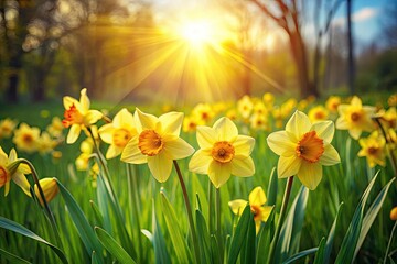 Obraz premium Vibrant yellow narcissus flowers bloom in a lush green meadow, swaying gently in the breeze, surrounded by verdant foliage and soft, filtered sunlight.