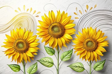 Obraz premium Vibrant yellow sunflowers bursting with energy and optimism, hand-drawn in a playful modern style, set against a clean white background with loose, expressive lines.