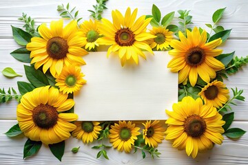 Vibrant yellow sunflowers surround a blank white card, adorned with delicate greenery and bold typography, creating a bright and cheerful invitation template perfect for summer celebrations.
