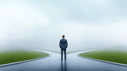 A businessman contemplating decisions at a foggy crossroads in the early morning.