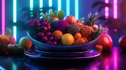 Naklejka premium A futuristic Thanksgiving feast with a glowing digital cornucopia overflowing with holographic fruits and vegetables, set on a sleek, chrome table