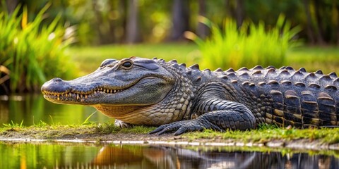 Fototapeta premium Large and powerful American alligator in its natural habitat, wildlife, predator, reptile, marsh, wetlands, danger, fierce