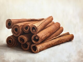 Oil painting depicting fragrant cinnamon sticks against a white backdrop emphasizing the aromatic qualities of cinnamon