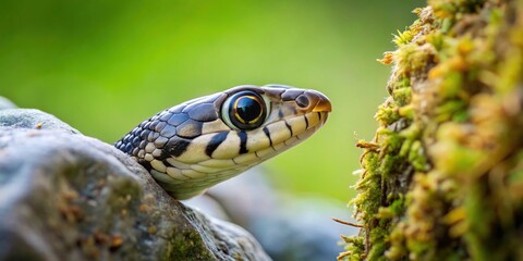 Naklejka premium Grass snake peeking from rock , wildlife, nature, reptile, hiding, camouflage, slither, scales, curiosity, outdoor, peeking
