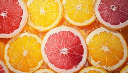 Fototapeta premium Vibrant oil painting depicting a top view of fresh juicy grapefruit and orange slices immersed in water ideal for showcasing cocktail preparation and colorful presentations