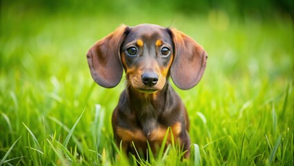 Miniature dachshund playing in lush green grass, adorable, small dog, outdoor, cute, pets, playful, miniature breed, long body