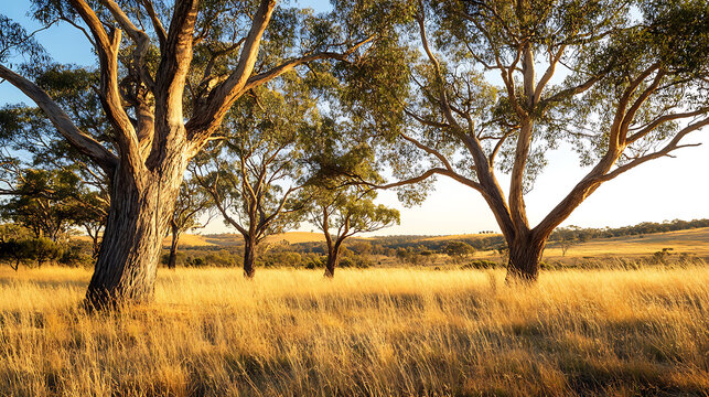 A landscape of the Australian Outback with large, drought-resistant trees and native grasses thriving in the harsh conditions 
