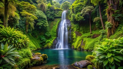 Paradise-like Veu da Noiva waterfall surrounded by lush vegetation in Sao Miguel island, Azores, Portugal
