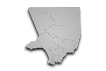 3d Map of Los Angeles County with regions and color. California, United State of America, US, United State