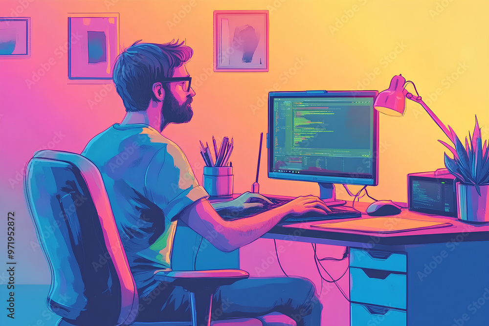 Poster a person coding at a computer desk in a colorful, modern workspace.