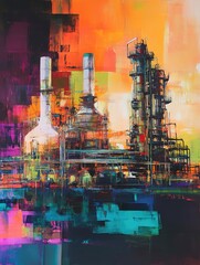 Oil painting depicting an energy production facility and industrial landscape