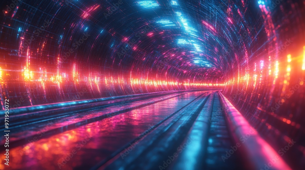 Poster animation fast flight inside virtual futuristic tunnel with twists an turns abstract neon backgroun 