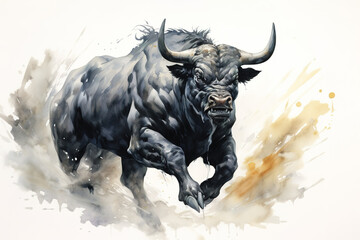 Watercolor painting of a bull running isolated on white background. Wildlife Animals.