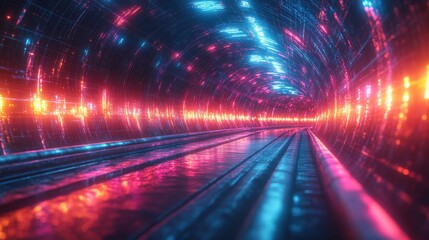 Obraz premium animation fast flight inside virtual futuristic tunnel with twists an turns abstract neon backgroun with glowing lines