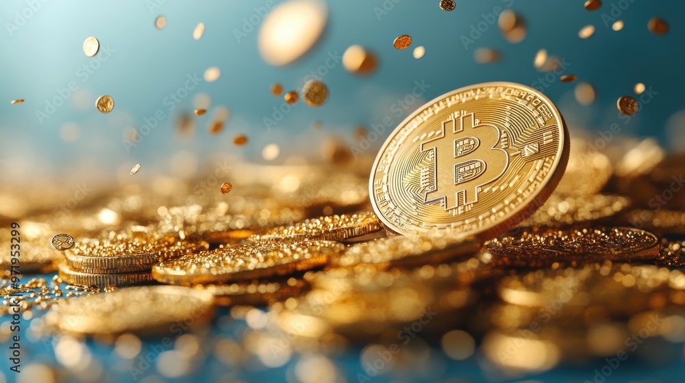 Poster animation gol coins with the bitcoin symbol fall down isolate on blue backgroun crypto currency rain
